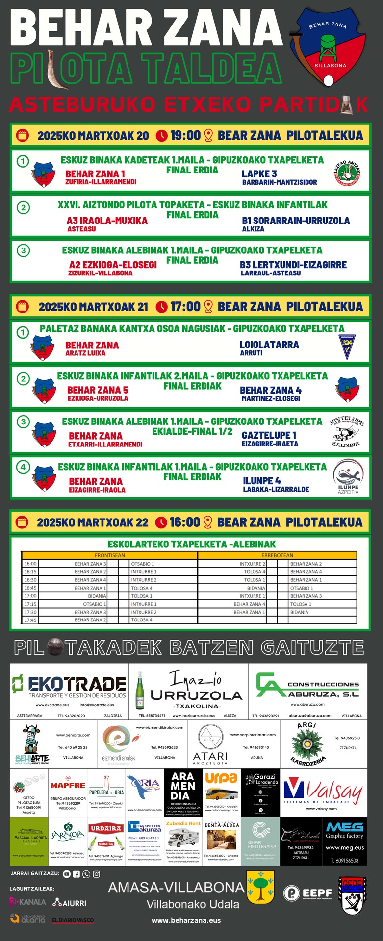 Lacarra-Elolak Udaberri Sariko finala eta beste 7 finalerdi garrantzitsu