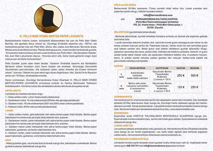 Martxan da VI. Pello Mari Otaño bertso-paper lehiaketa