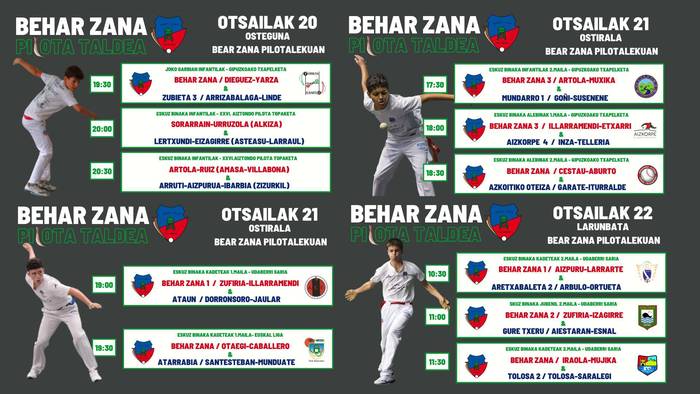 Behar Zanako pilotariek aste honetan 42 partida jokatuko dituzte, etxean 11