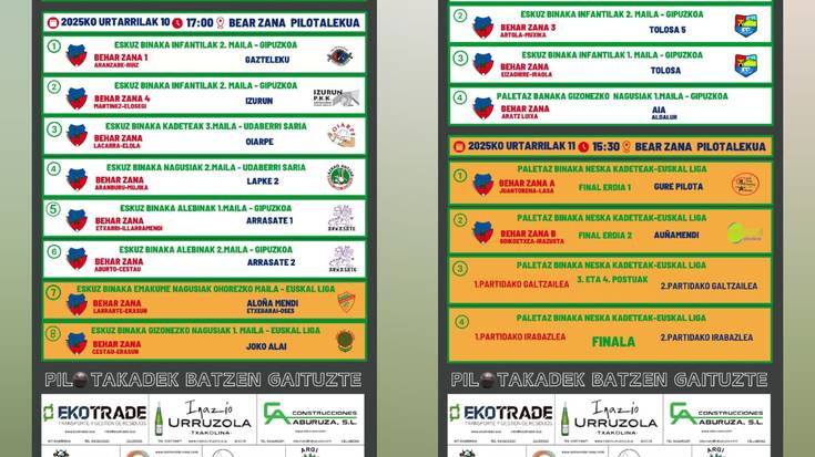 33 partida jokatuko dituzte gure pilotariek asteburuan, 31 ofizialak izango dira