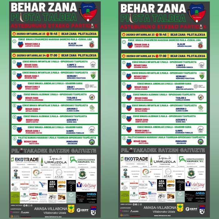 Behar Zanako pilotariek aste honetan 37 pilota partida jokatuko dituzte