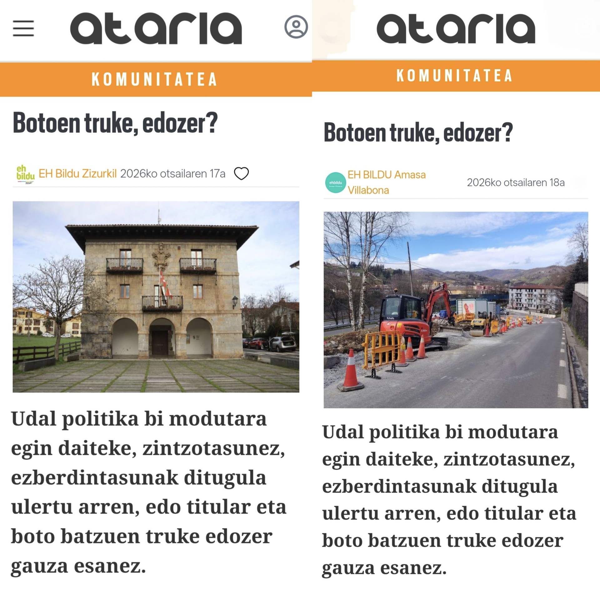EH Bilduk komunikatu bera kopiatu eta itsatsi du bi udalerritan