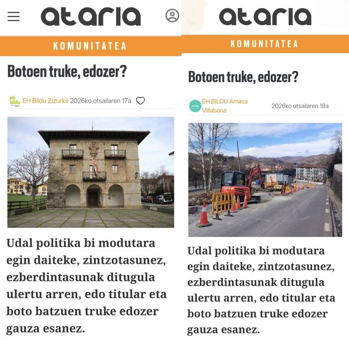 EH Bilduk komunikatu bera kopiatu eta itsatsi du bi udalerritan