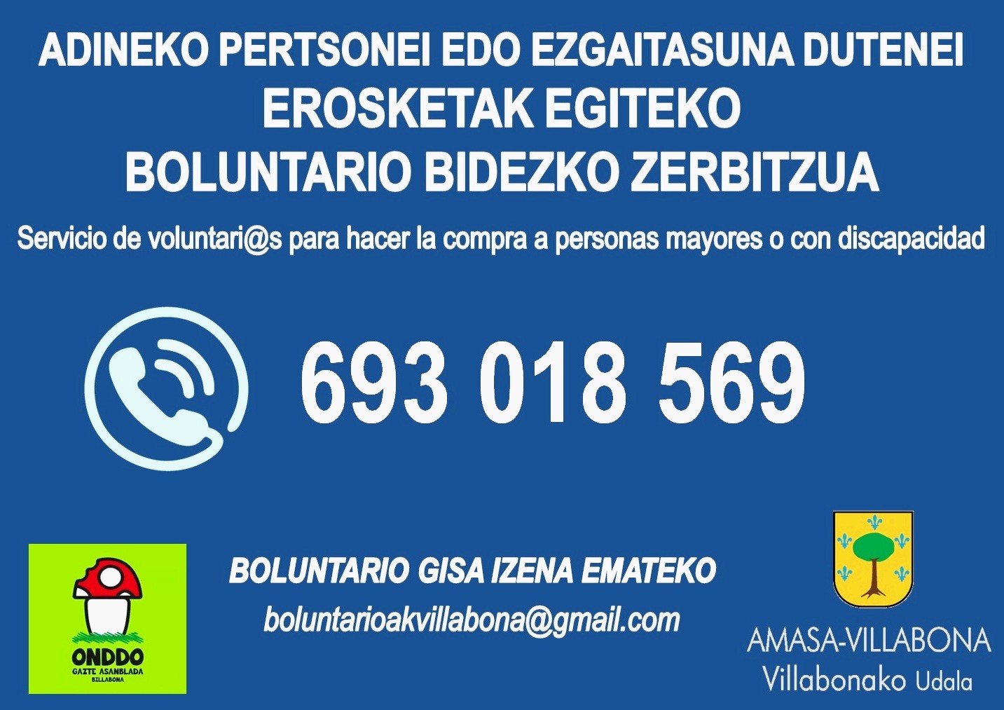 Adineko pertsonei edo ezgaitasuna dutenei erosketak egiteko boluntario bidezko zerbitzua jarri dute martxan udalak eta Onddo Gazte Asanbladak