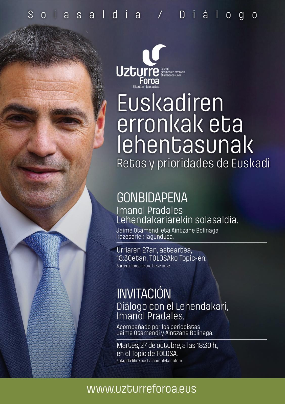Imanol Pradales Lehendakaria izango da Uzturre Foroaren gonbidatua urriaren 27an, 18:30tan, Tolosako Topic-en