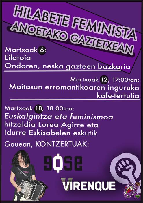 Feminismoaren inguruko ekitaldiak antolatu dituzte Anoetan
