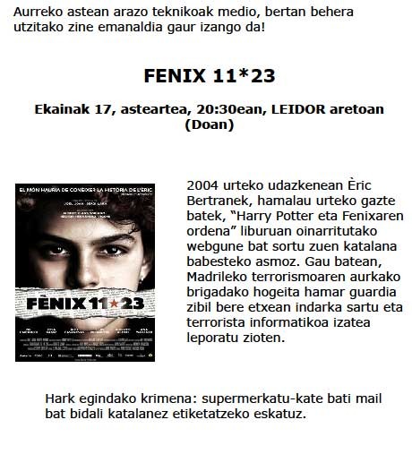 Gaur asteartea, 20:30ean, Leidor zineman doan ikusi ahal izango da 