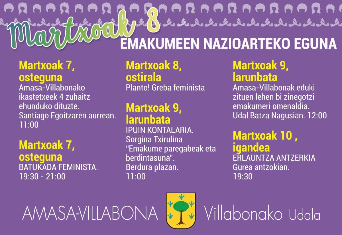 Emakumeen Nazioarteko Egunaren harira ekitaldiak antolatu ditu udalak