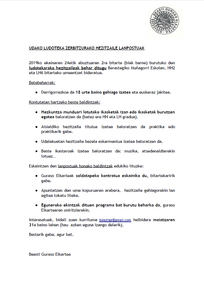 Udako ludoteka zerbitzurako hezitzaile lanpostuak