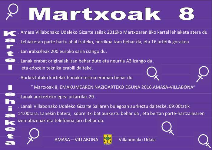 Martxoaren 8ko kartel lehiaketa deitu du Amasa-Villabonako Udalak