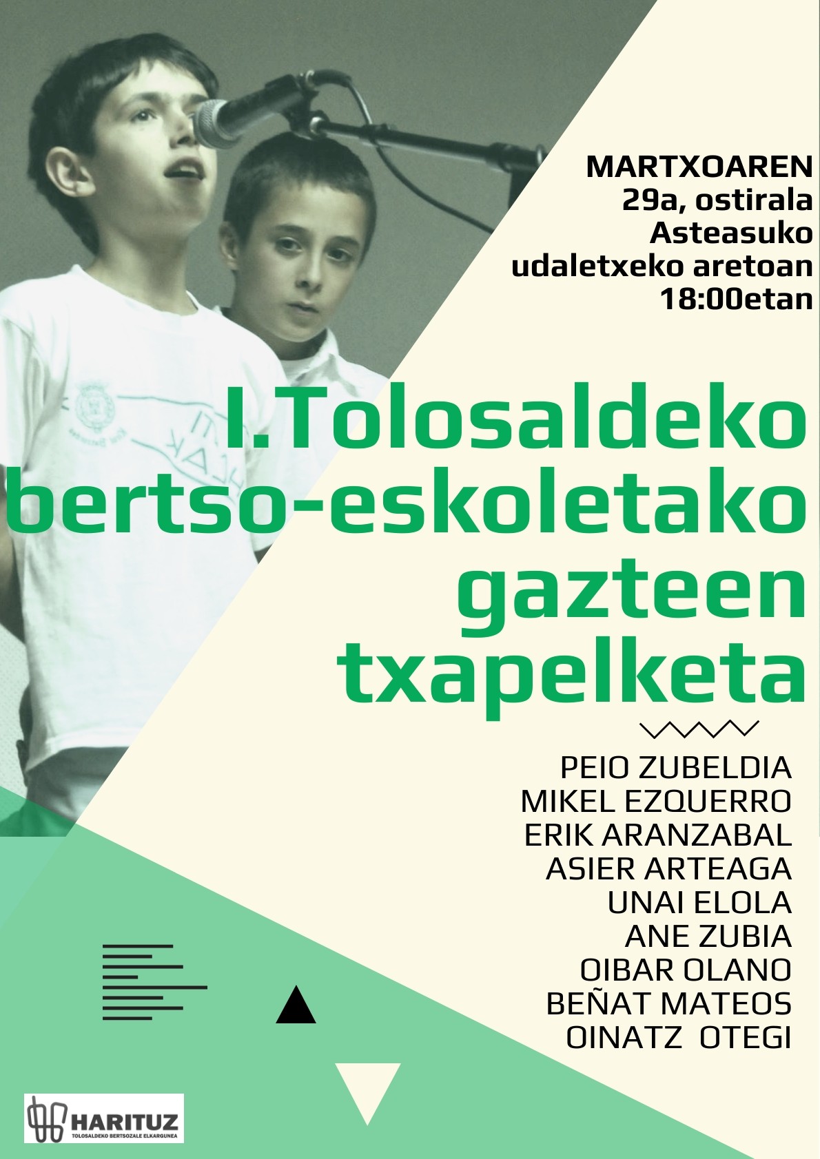 I. Tolosaldeko bertso-eskoletako gazteen txapelketa izango da bihar
