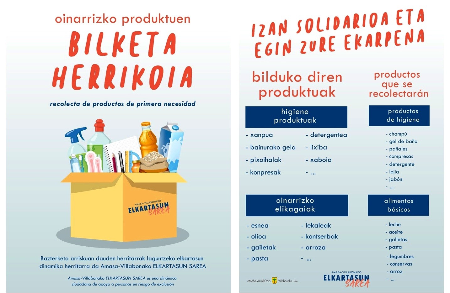 Larunbatean oinarrizko elikagaien eta higiene produktuen bilketa