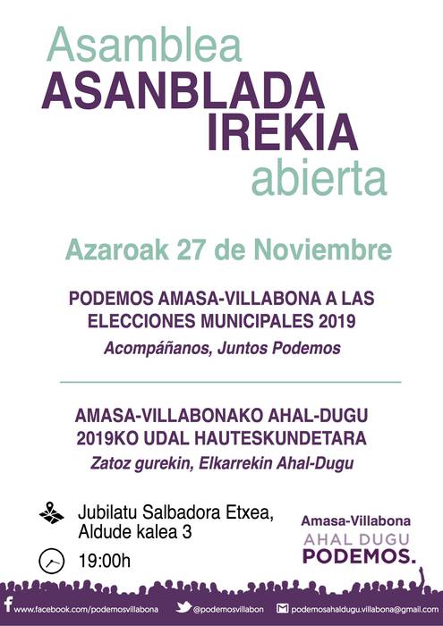 Asanblada irekia egingo du Amasa-Villabonako Ahal Duguk