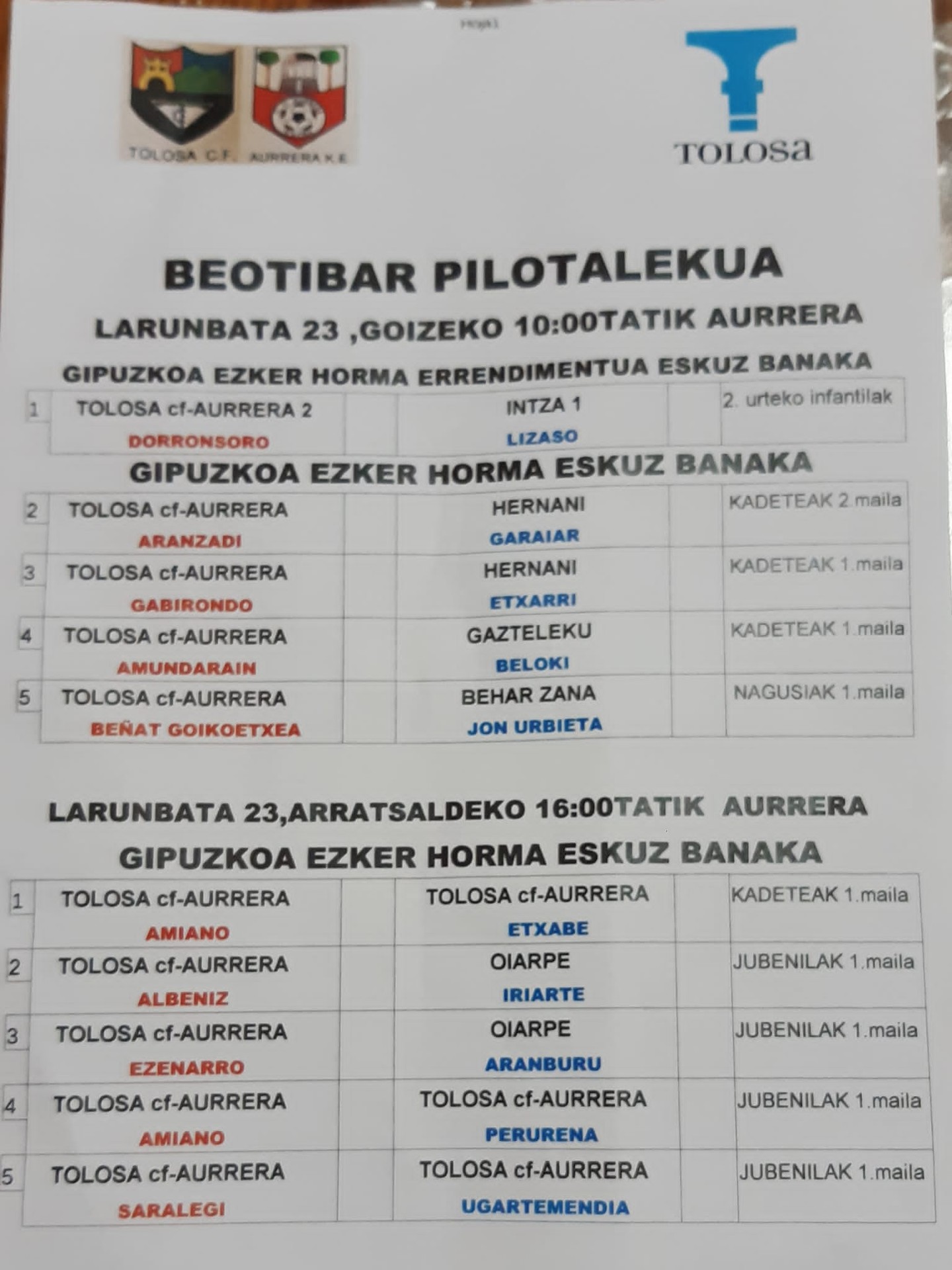 kartelera Beotibar-Tolosa  2019/11/23